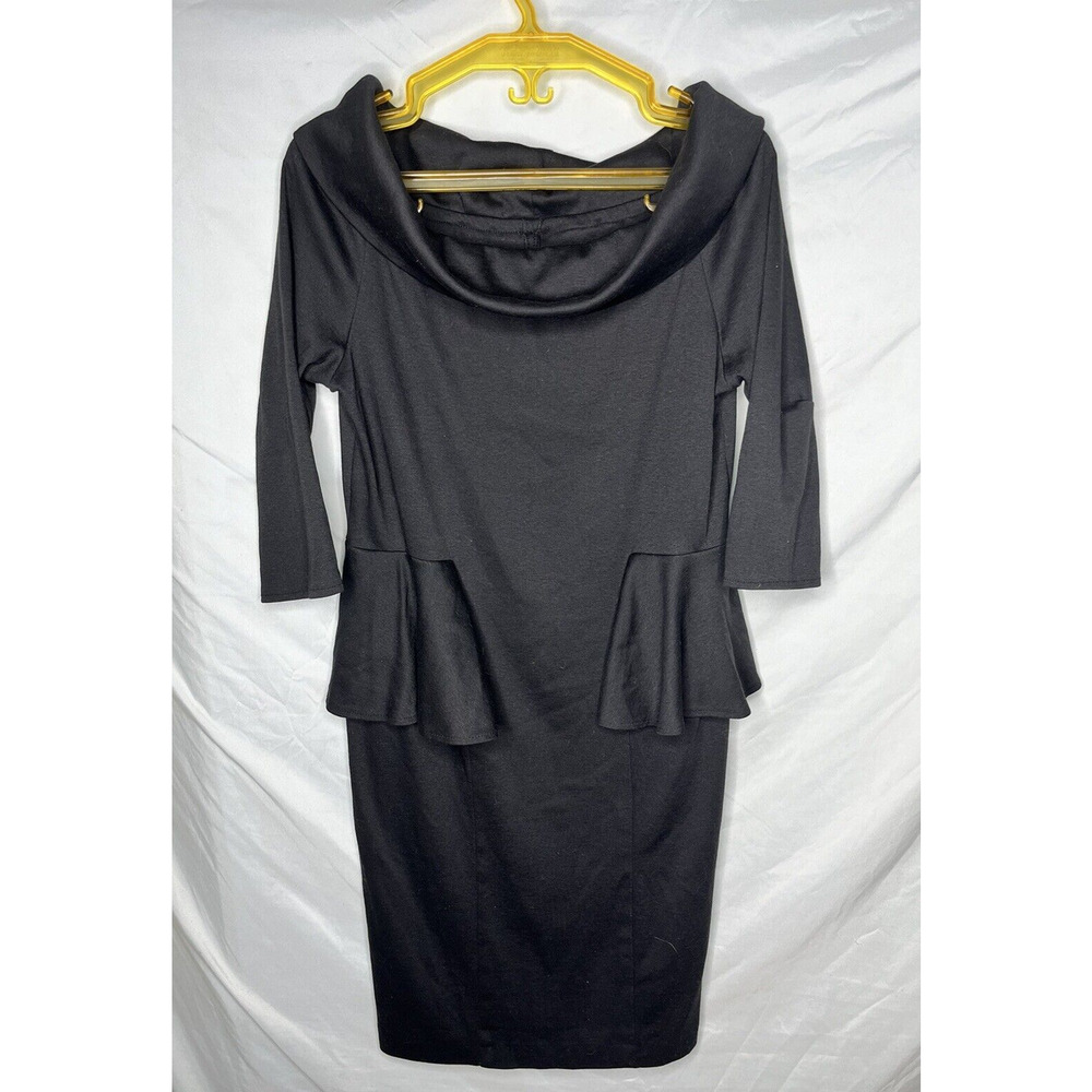 Lerner 80s 90s Peplum Dress Thick Cowl Juniors Sz 13 14 Black Cotton Blend USA